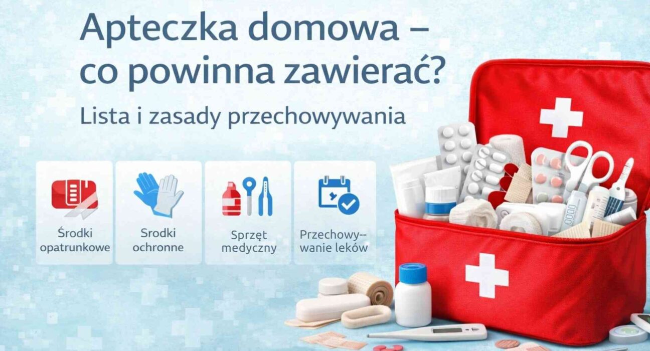 Okładka artykułu „Apteczka domowa – co powinna zawierać?” z czerwoną apteczką i podstawowymi materiałami opatrunkowymi oraz środkami ochronnymi.