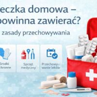 Okładka artykułu „Apteczka domowa – co powinna zawierać?” z czerwoną apteczką i podstawowymi materiałami opatrunkowymi oraz środkami ochronnymi.
