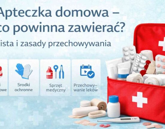 Okładka artykułu „Apteczka domowa – co powinna zawierać?” z czerwoną apteczką i podstawowymi materiałami opatrunkowymi oraz środkami ochronnymi.