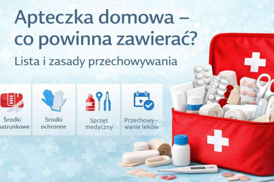 Okładka artykułu „Apteczka domowa – co powinna zawierać?” z czerwoną apteczką i podstawowymi materiałami opatrunkowymi oraz środkami ochronnymi.