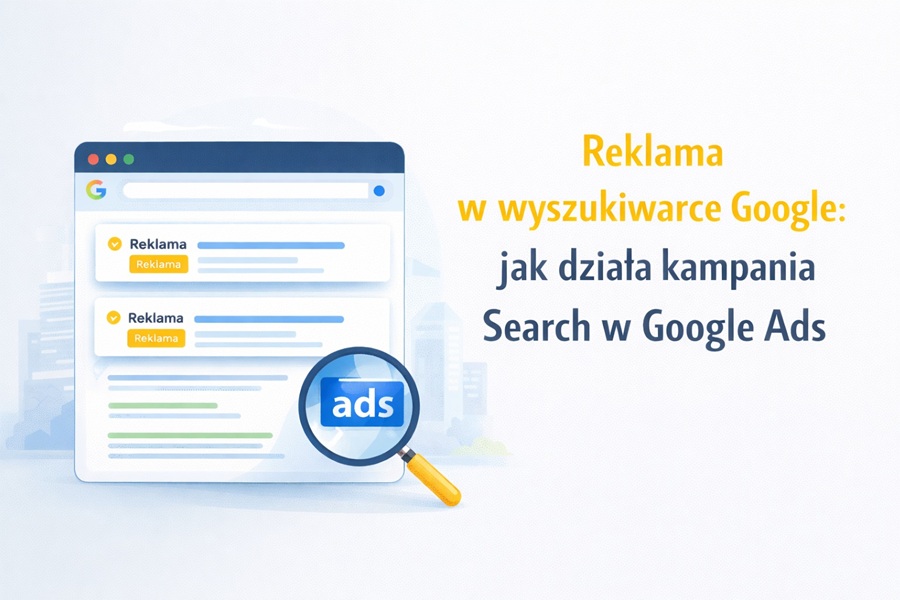 Okładka artykułu o reklamie w wyszukiwarce Google i kampanii Search w Google Ads
