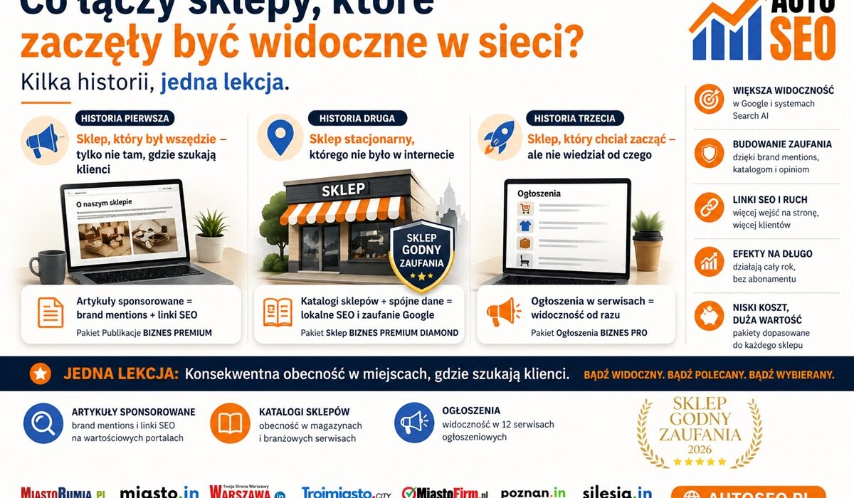 Grafika promująca artykuł o sklepach, które zaczęły być widoczne w sieci dzięki SEO, katalogom sklepów, artykułom sponsorowanym i AutoSEO.pl