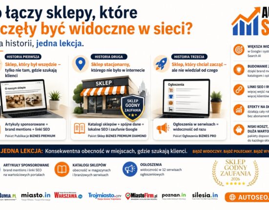Grafika promująca artykuł o sklepach, które zaczęły być widoczne w sieci dzięki SEO, katalogom sklepów, artykułom sponsorowanym i AutoSEO.pl