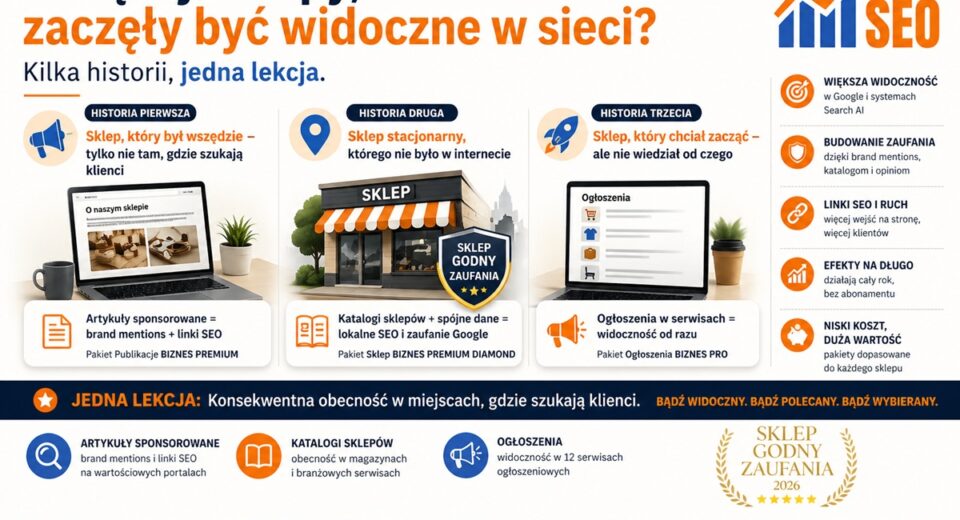 Grafika promująca artykuł o sklepach, które zaczęły być widoczne w sieci dzięki SEO, katalogom sklepów, artykułom sponsorowanym i AutoSEO.pl