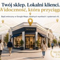 Sklep stacjonarny w centrum miasta z zaznaczoną lokalizacją na mapie oraz klientami zmierzającymi do wejścia. Grafika ilustruje lokalną widoczność sklepu w Google Maps, wynikach lokalnych i systemach sztucznej inteligencji.