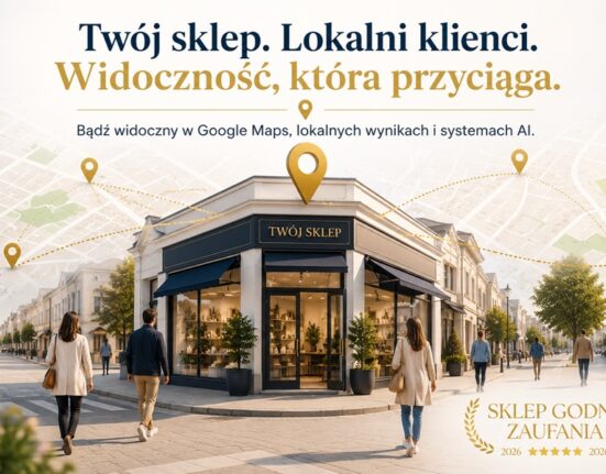 Sklep stacjonarny w centrum miasta z zaznaczoną lokalizacją na mapie oraz klientami zmierzającymi do wejścia. Grafika ilustruje lokalną widoczność sklepu w Google Maps, wynikach lokalnych i systemach sztucznej inteligencji.