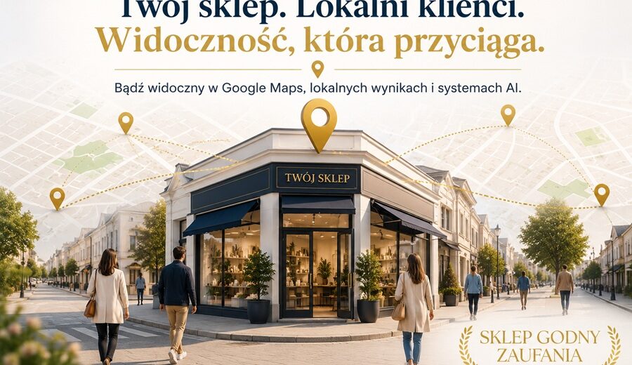 Sklep stacjonarny w centrum miasta z zaznaczoną lokalizacją na mapie oraz klientami zmierzającymi do wejścia. Grafika ilustruje lokalną widoczność sklepu w Google Maps, wynikach lokalnych i systemach sztucznej inteligencji.