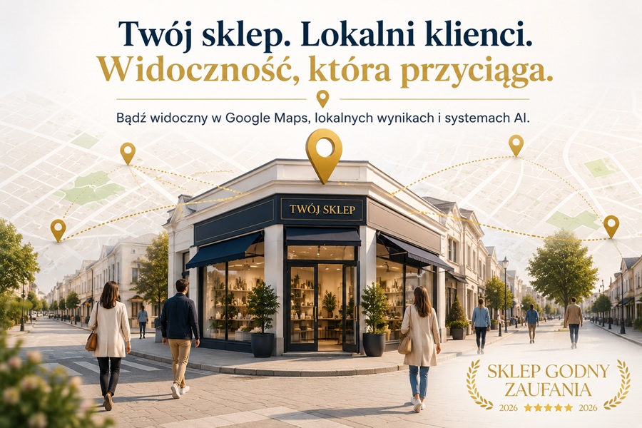 Sklep stacjonarny w centrum miasta z zaznaczoną lokalizacją na mapie oraz klientami zmierzającymi do wejścia. Grafika ilustruje lokalną widoczność sklepu w Google Maps, wynikach lokalnych i systemach sztucznej inteligencji.