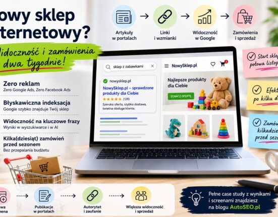 Grafika przedstawiająca nowy sklep internetowy, proces budowania widoczności w Google dzięki publikacjom w portalach oraz wzrost sprzedaży bez korzystania z płatnych reklam.
